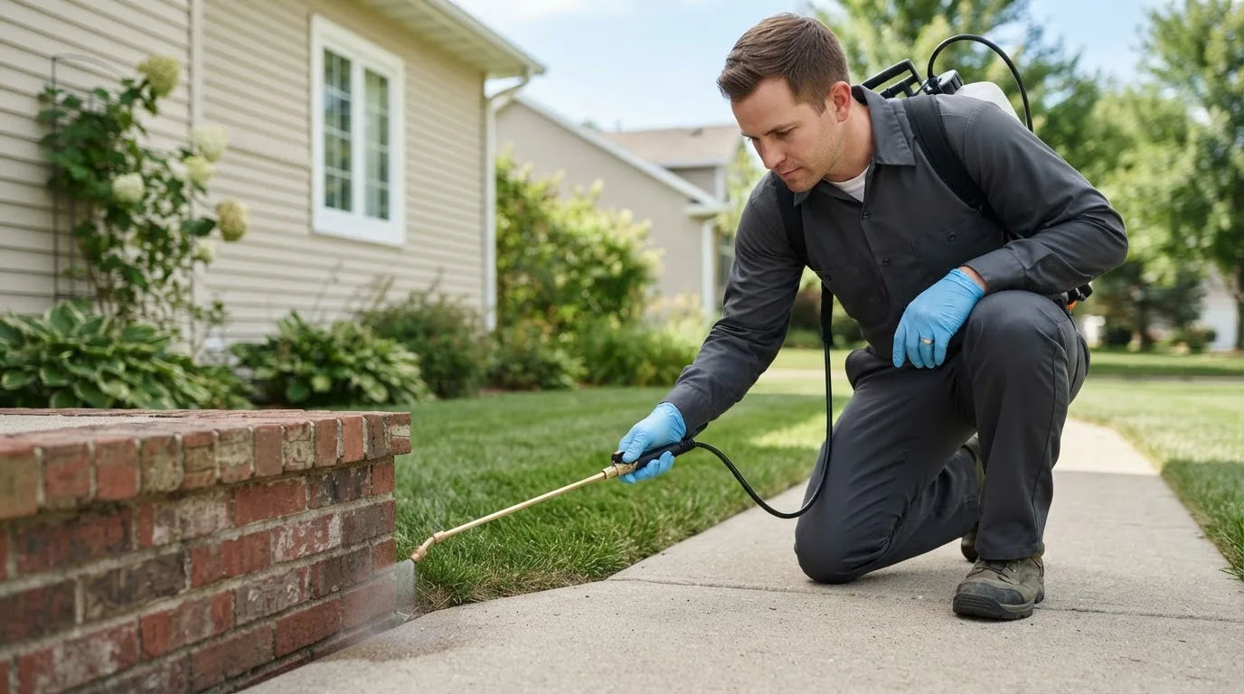 Pest control technician treating a home near Holden, MA