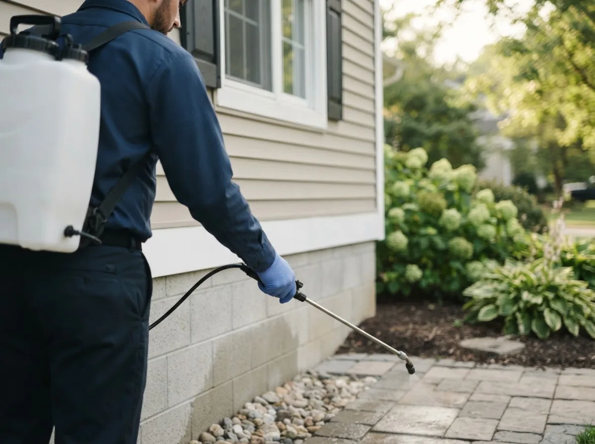 Pest control technician inspecting a home in Holden, MA